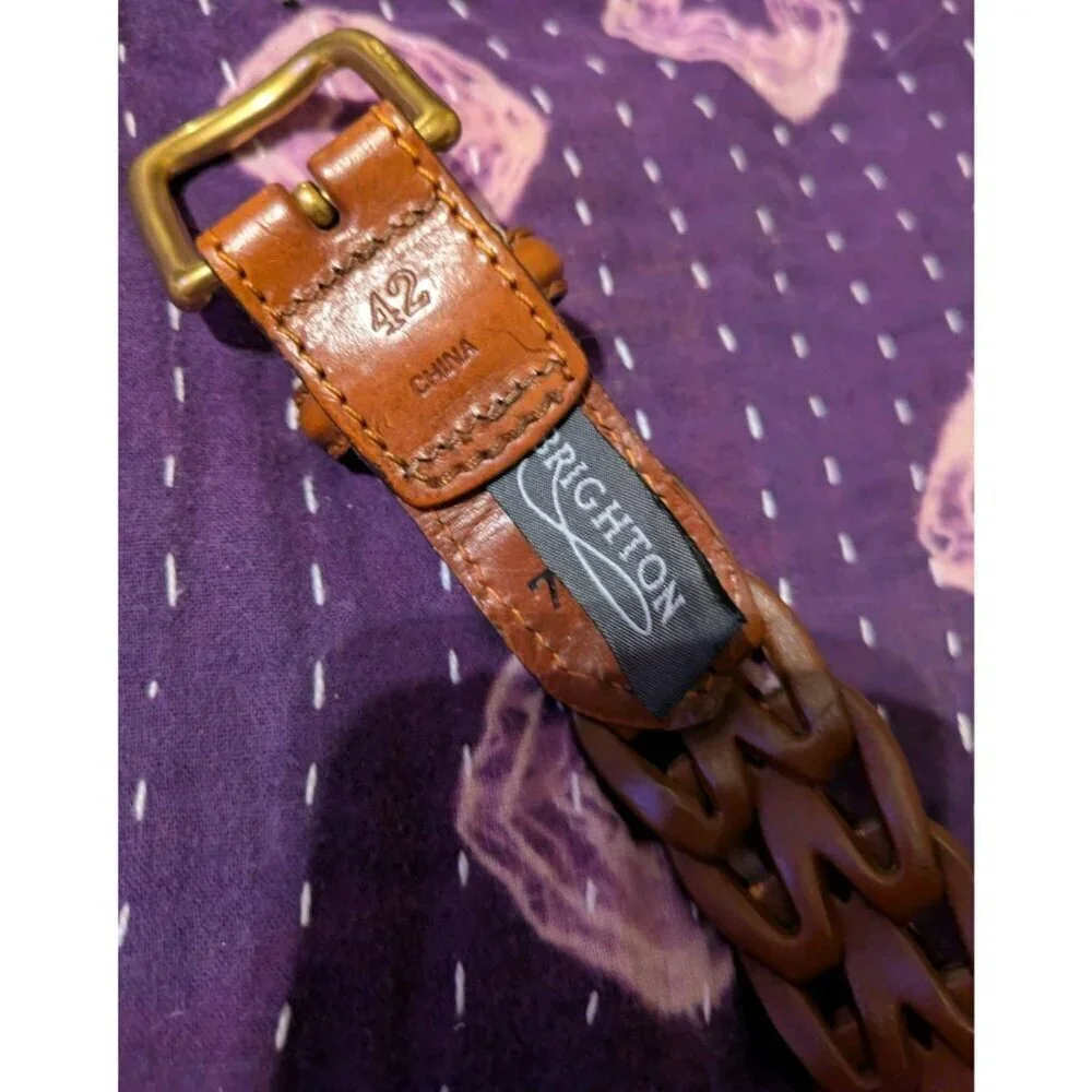 Size 42 Brighton Mens Leather Braided Woven Leather Belt Brown Solid Brass
